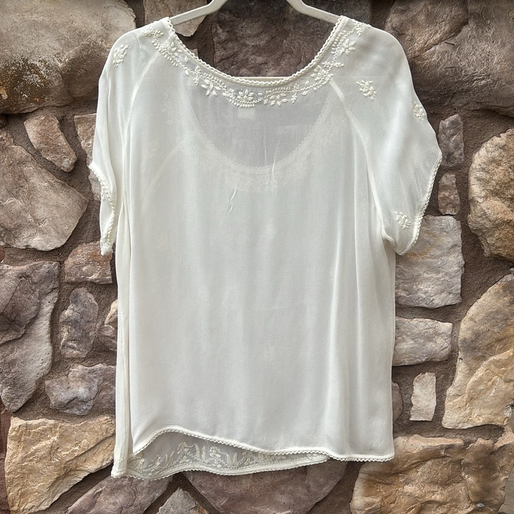 Lucky Brand Embroidered Sheer Blouse Top Short Sleeve Size XL Boho - Picture 5 of 8